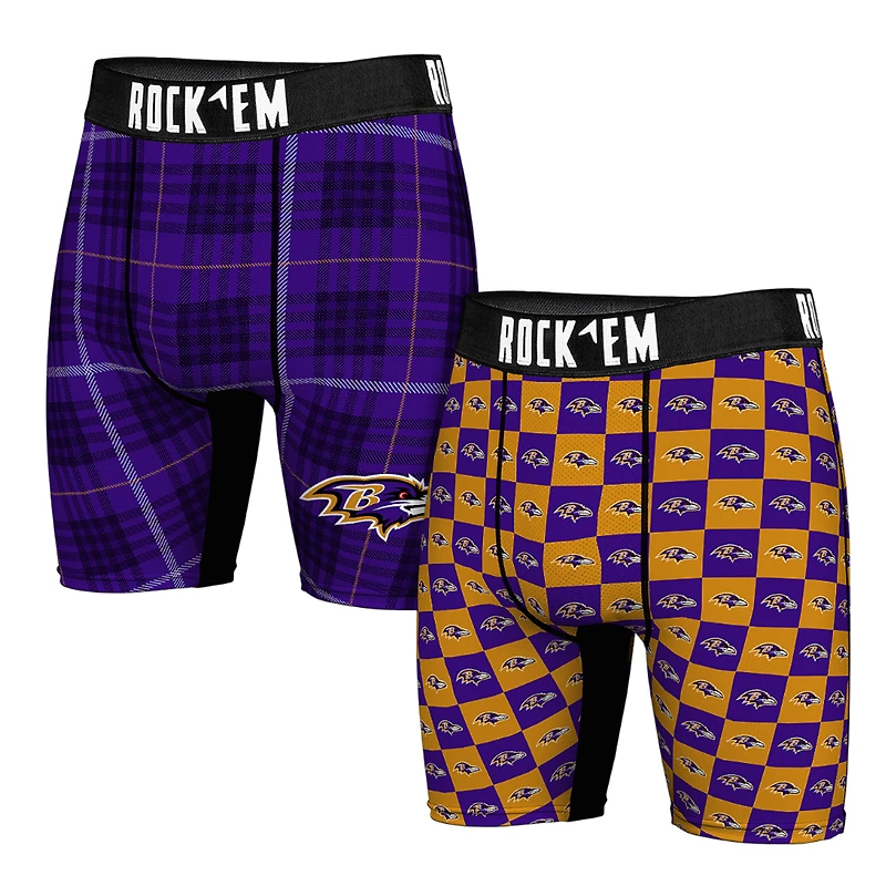 Men's Rock Em Socks Baltimore Ravens Two-Pack Plaid and Checkerboard Boxer Briefs