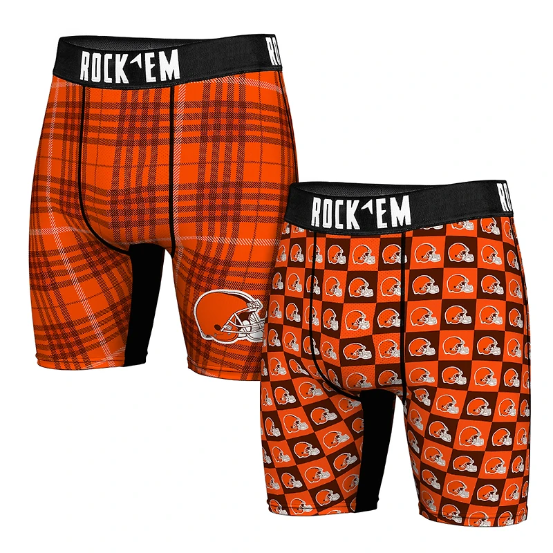 Men's Rock Em Socks Cleveland Browns Two-Pack Plaid and Checkerboard Boxer Briefs