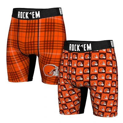Men's Rock Em Socks   Cleveland Browns Two-Pack Plaid and Checkerboard Boxer Briefs