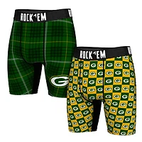 Men's Rock Em Socks   Green Bay Packers Two-Pack Plaid and Checkerboard Boxer Briefs