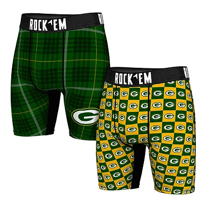 Men's Rock Em Socks Green Bay Packers Two-Pack Plaid and Checkerboard Boxer Briefs