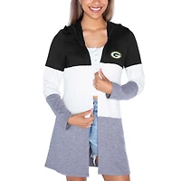 Women's Gameday Couture Black Green Bay Packers Tri-Blend Color Block Lightweight Cardigan Hoodie
