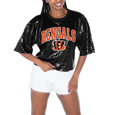 Women's Gameday Couture  Black Cincinnati Bengals Rise Up Sequin Cropped T-Shirt