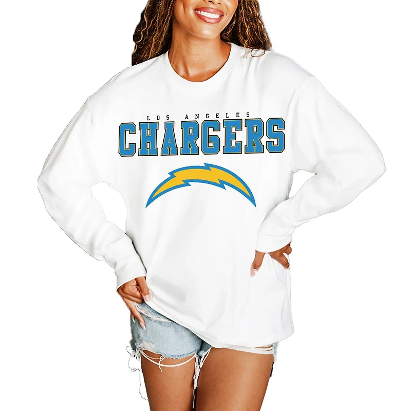 Women's Gameday Couture White Los Angeles Chargers Big Goals Oversized Long Sleeve T-Shirt