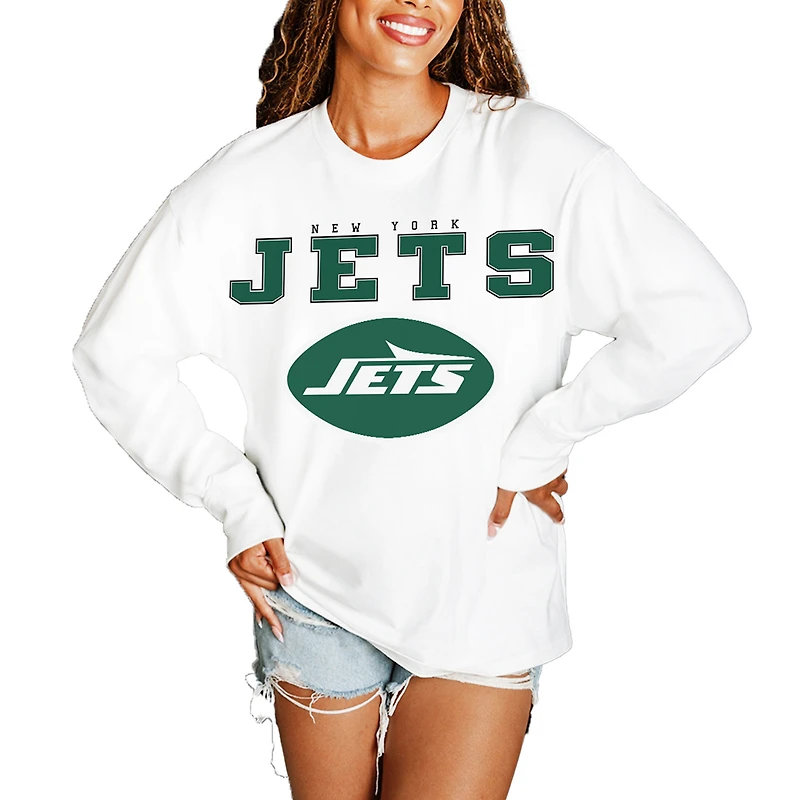 Women's Gameday Couture White New York Jets Big Goals Oversized Long Sleeve T-Shirt