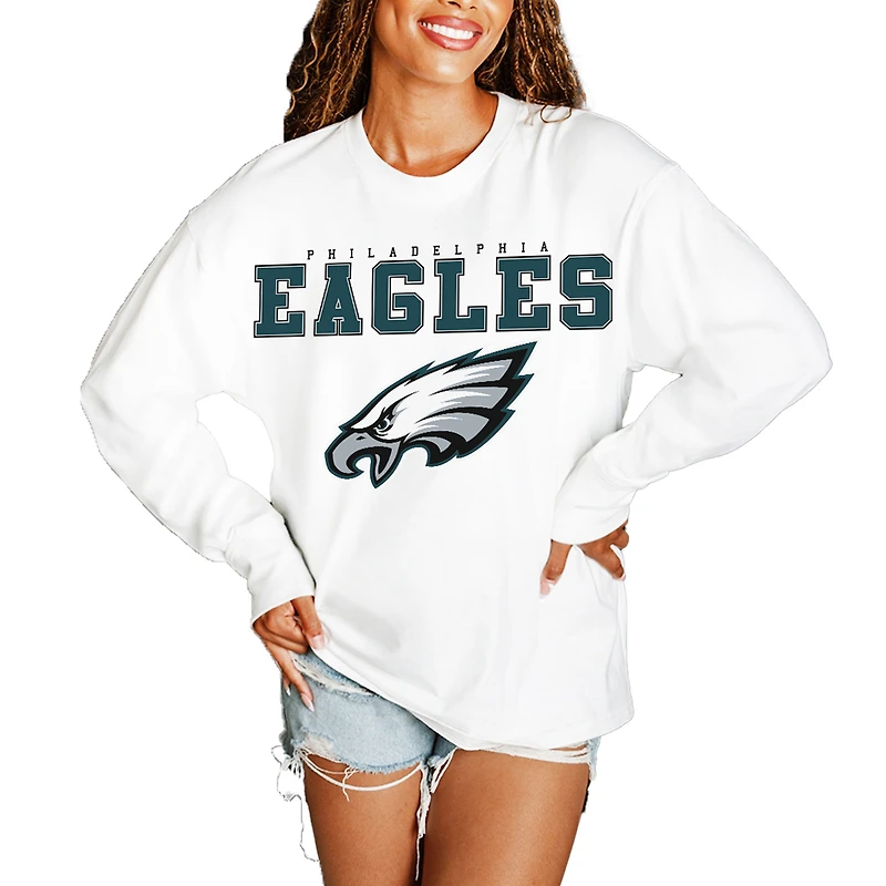Women's Gameday Couture White Philadelphia Eagles Big Goals Oversized Long Sleeve T-Shirt