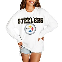Women's Gameday Couture  White Pittsburgh Steelers Big Goals Oversized Long Sleeve T-Shirt