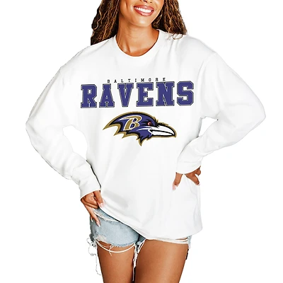 Women's Gameday Couture  White Baltimore Ravens Big Goals Oversized Long Sleeve T-Shirt
