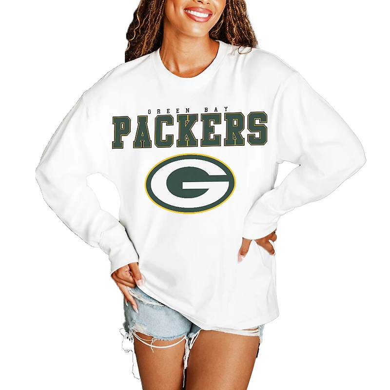 Women's Gameday Couture White Green Bay Packers Big Goals Oversized Long Sleeve T-Shirt
