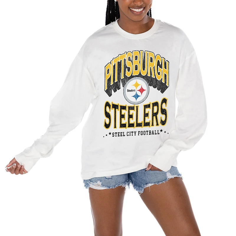 Women's Gameday Couture  White Pittsburgh Steelers Time Out Oversized Long Sleeve T-Shirt