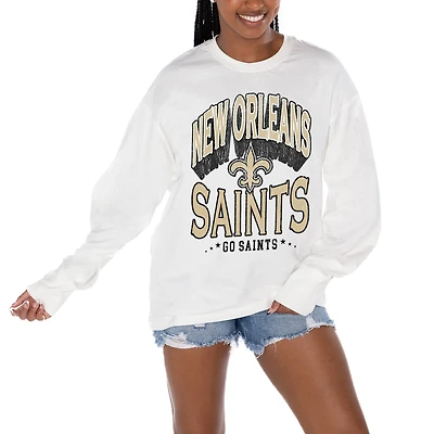 Women's Gameday Couture  White New Orleans Saints Time Out Oversized Long Sleeve T-Shirt