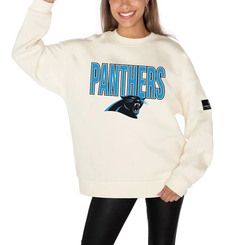 Women's Gameday Couture  Cream Carolina Panthers Premium Fleece Oversized Drop Shoulder Pullover Sweatshirt