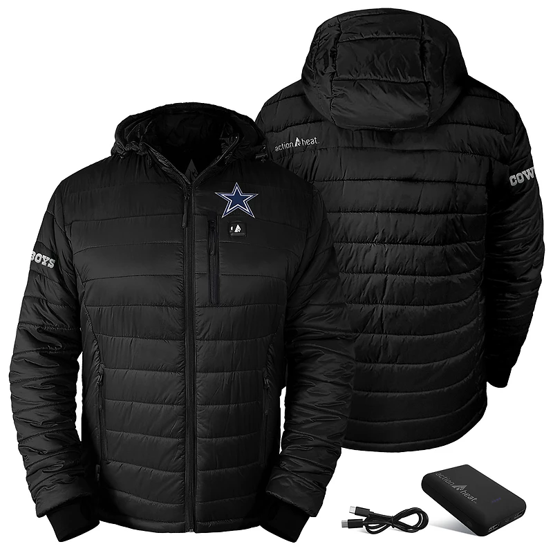 Men's ActionHeat Black Dallas Cowboys 5V Battery Heated Insulated Puffer Full-Zip Hoodie Jacket