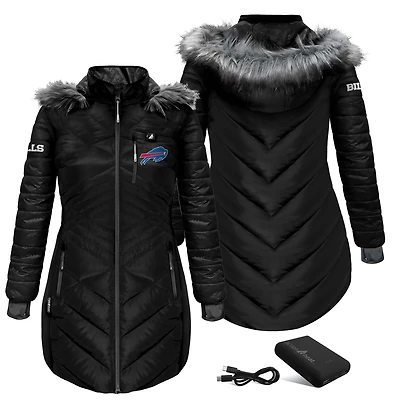 Women's ActionHeat Black Buffalo Bills 5V Battery Heated Long Puffer Full-Zip Hoodie Jacket