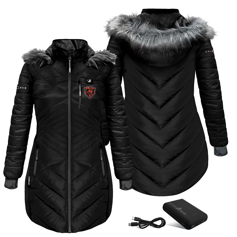 Women's ActionHeat Black Chicago Bears 5V Battery Heated Long Puffer Jacket