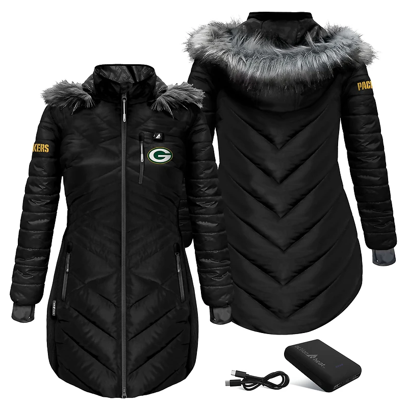 Women's ActionHeat Black Green Bay Packers 5V Battery Heated Long Puffer Full-Zip Hoodie Jacket