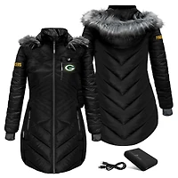 Women's ActionHeat Black Green Bay Packers 5V Battery Heated Long Puffer Full-Zip Hoodie Jacket