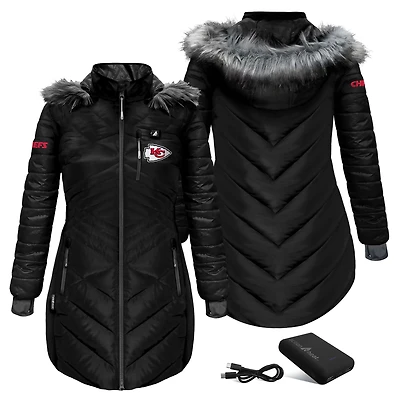 Women's ActionHeat Black Kansas City Chiefs 5V Battery Heated Long Puffer Full-Zip Hoodie Jacket