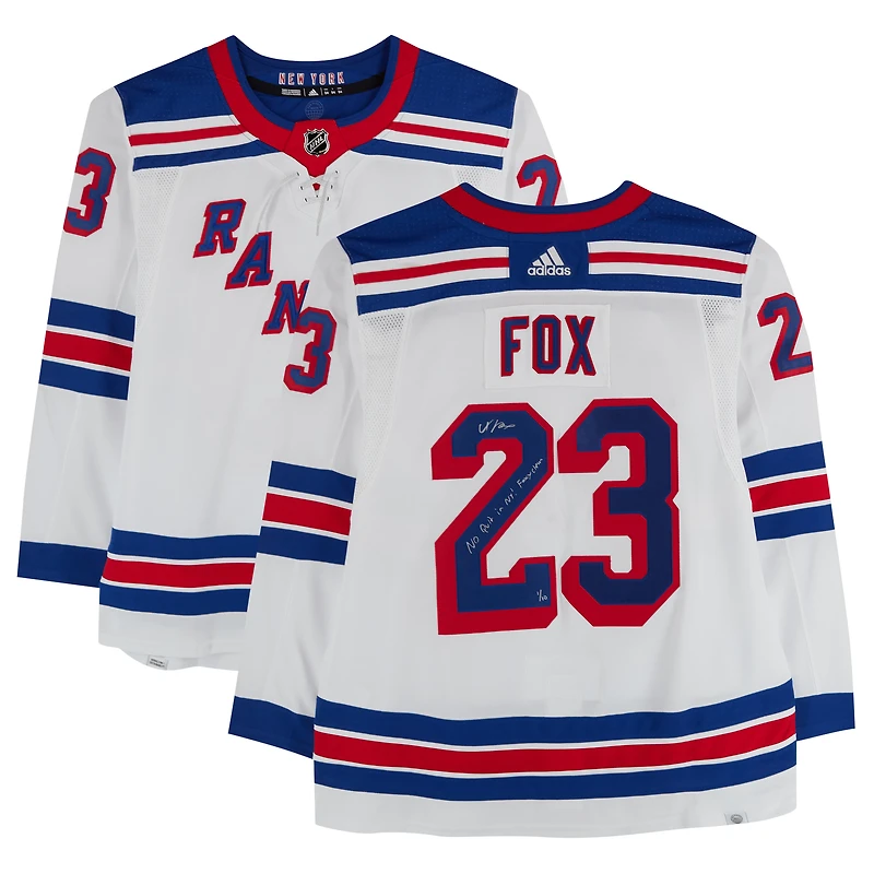 Adam Fox New York Rangers Autographed White adidas Authentic Jersey with "No Quit in NY!" & "Foxyclean" Inscriptions - Limited Edition #1/10