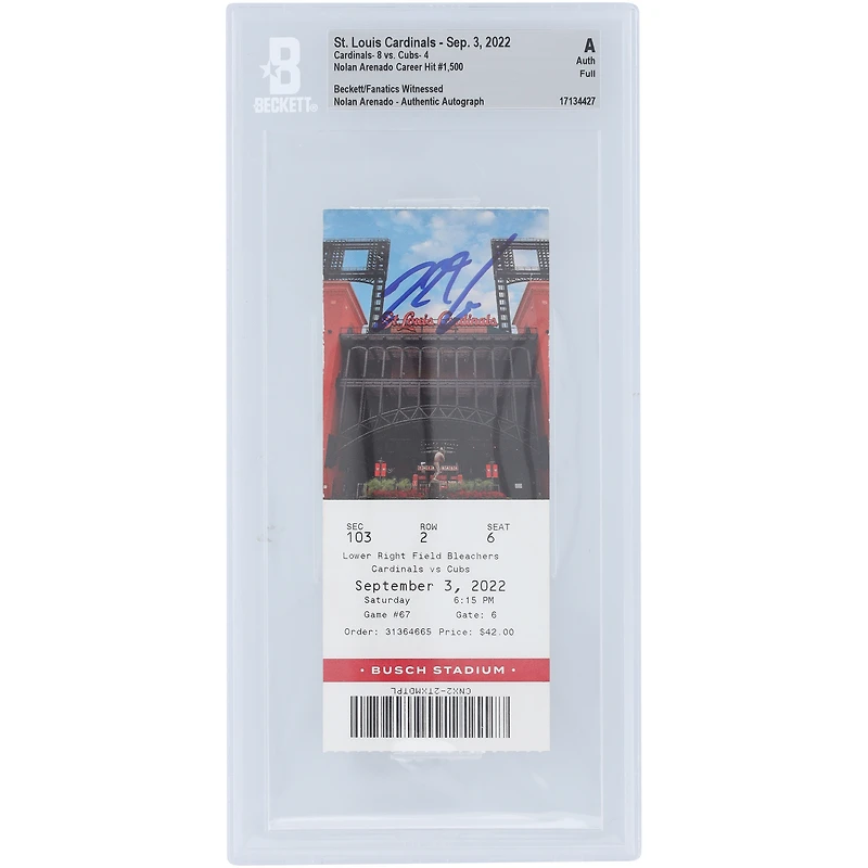 Nolan Arenado St. Louis Cardinals Autographed September 3, 2022 Career Hit #1,500 Beckett Fanatics Witnessed Authenticated Ticket