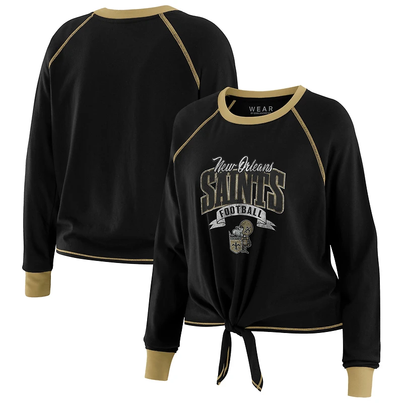 Women's WEAR by Erin Andrews Black/Gold New Orleans Saints Plus Size Tie-Front Long Sleeve Top