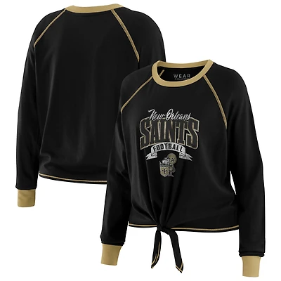 Women's WEAR by Erin Andrews Black/Gold New Orleans Saints Plus Size Tie-Front Long Sleeve Top