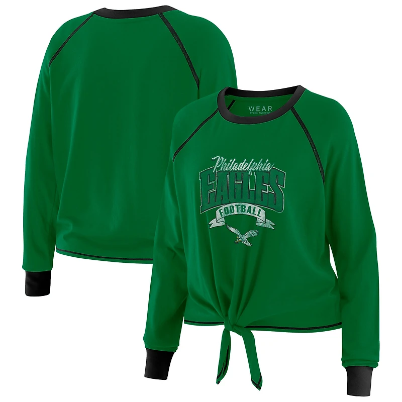 Women's WEAR by Erin Andrews Green/Black Philadelphia Eagles Plus Size Tie-Front Long Sleeve Top