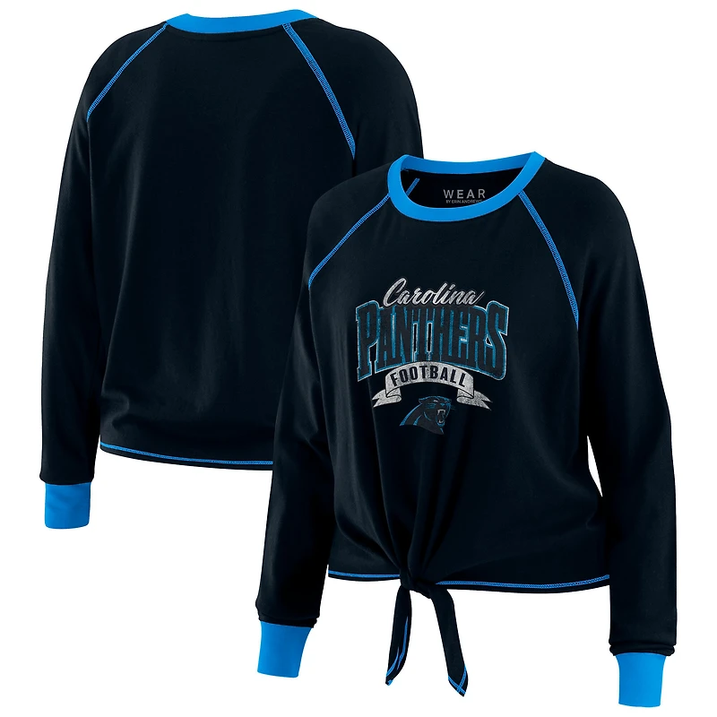 Women's WEAR by Erin Andrews Black/Blue Carolina Panthers Plus Size Tie-Front Long Sleeve Top
