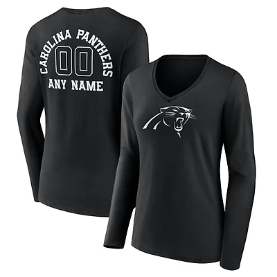 Women's Black Carolina Panthers Personalized Name & Number Monochrome Long Sleeve V-Neck T-Shirt