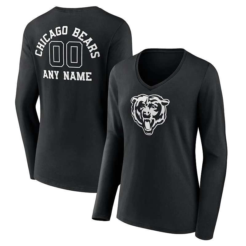 Women's Black Chicago Bears Personalized Name & Number Monochrome Long Sleeve V-Neck T-Shirt