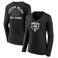 Women's Black Chicago Bears Personalized Name & Number Monochrome Long Sleeve V-Neck T-Shirt
