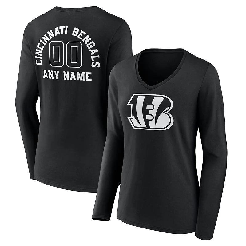 Women's Black Cincinnati Bengals Personalized Name & Number Monochrome Long Sleeve V-Neck T-Shirt