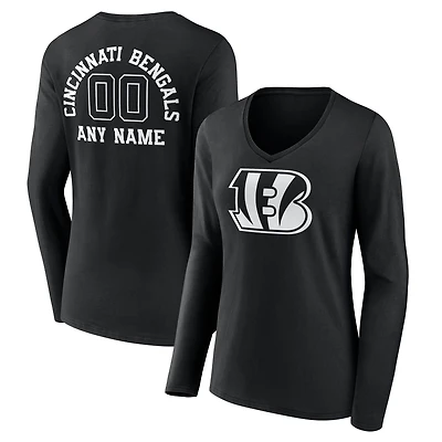 Women's Black Cincinnati Bengals Personalized Name & Number Monochrome Long Sleeve V-Neck T-Shirt