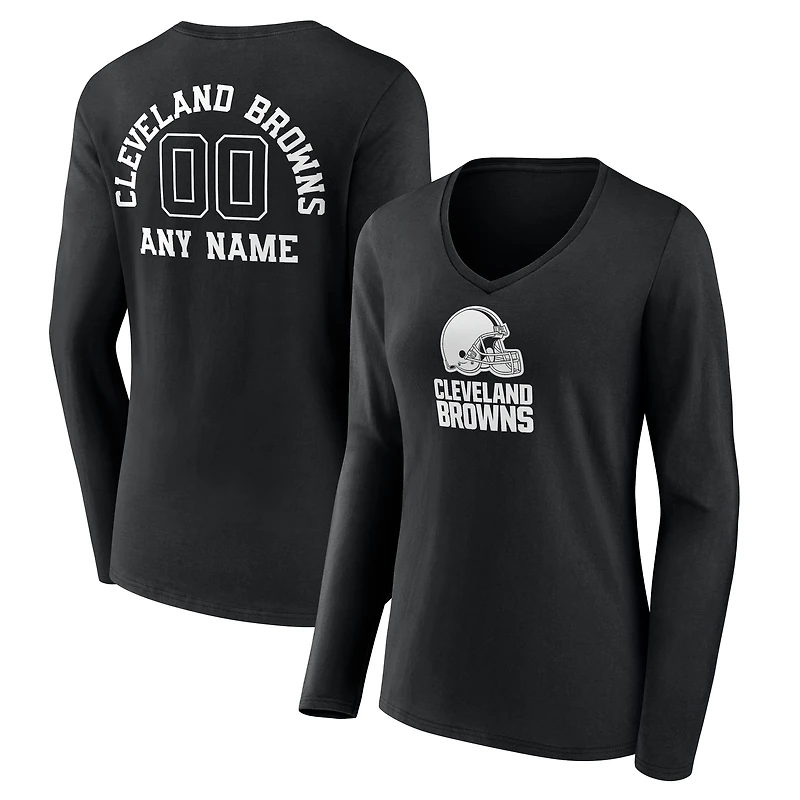 Women's Black Cleveland Browns Personalized Name & Number Monochrome Long Sleeve V-Neck T-Shirt