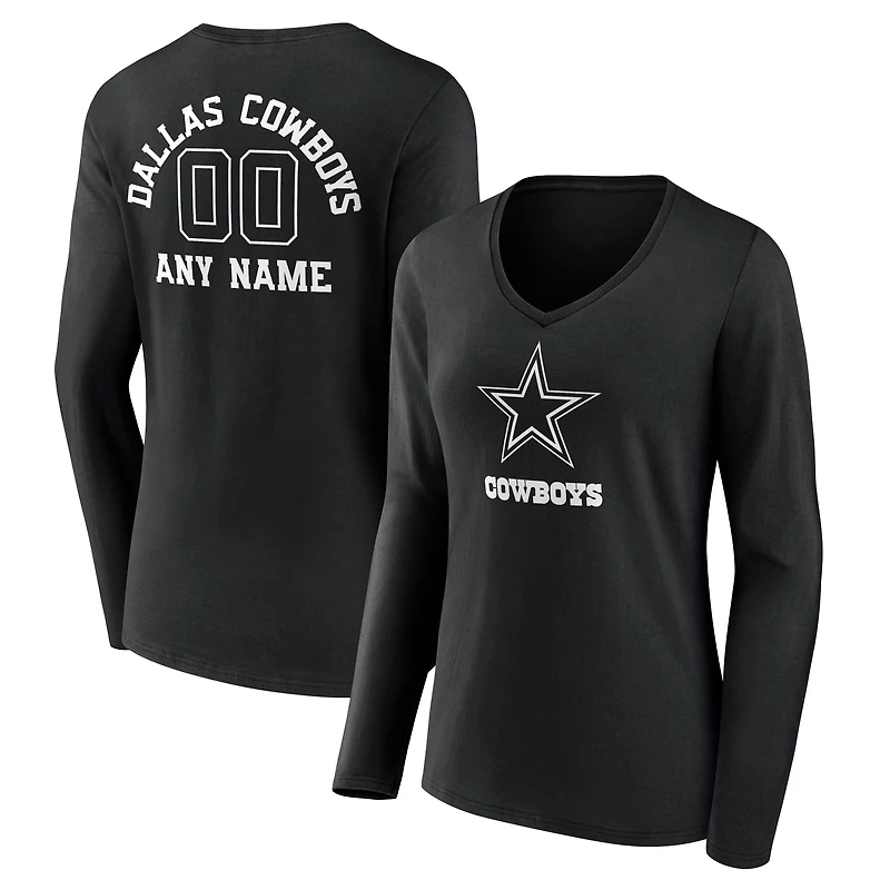 Women's Black Dallas Cowboys Personalized Name & Number Monochrome Long Sleeve V-Neck T-Shirt