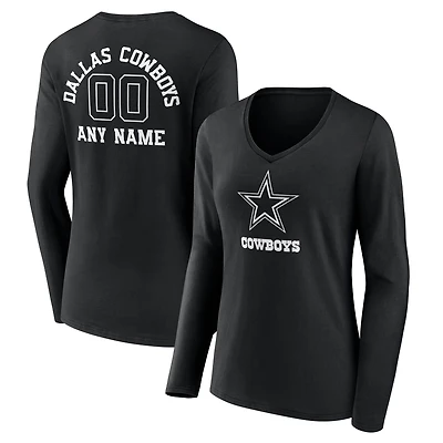 Women's Black Dallas Cowboys Personalized Name & Number Monochrome Long Sleeve V-Neck T-Shirt