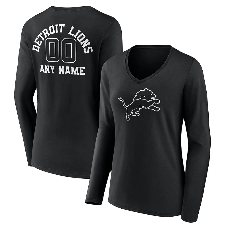 Women's Black Detroit Lions Personalized Name & Number Monochrome Long Sleeve V-Neck T-Shirt