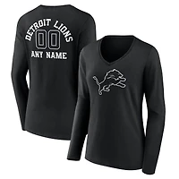 Women's Black Detroit Lions Personalized Name & Number Monochrome Long Sleeve V-Neck T-Shirt