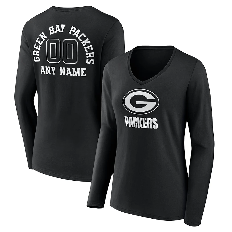 Women's Black Green Bay Packers Personalized Name & Number Monochrome Long Sleeve V-Neck T-Shirt