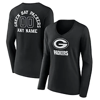 Women's Black Green Bay Packers Personalized Name & Number Monochrome Long Sleeve V-Neck T-Shirt