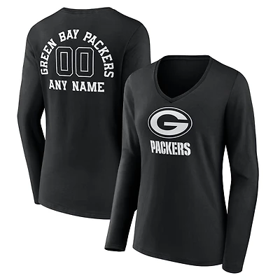 Women's Black Green Bay Packers Personalized Name & Number Monochrome Long Sleeve V-Neck T-Shirt