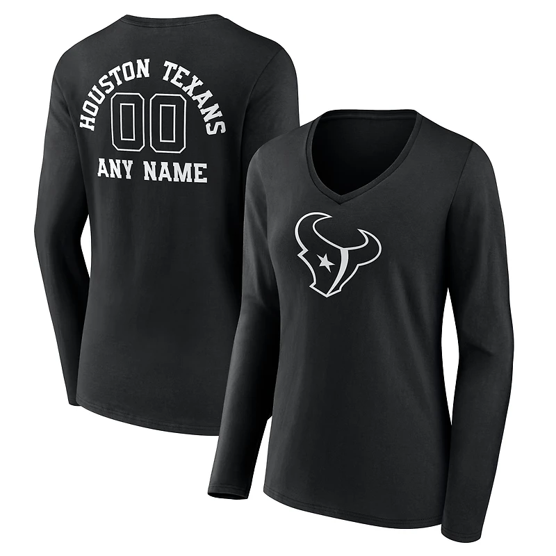 Women's Black Houston Texans Personalized Name & Number Monochrome Long Sleeve V-Neck T-Shirt