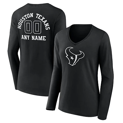 Women's Black Houston Texans Personalized Name & Number Monochrome Long Sleeve V-Neck T-Shirt