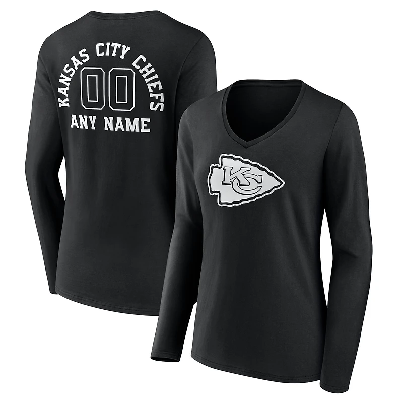 Women's Black Kansas City Chiefs Personalized Name & Number Monochrome Long Sleeve V-Neck T-Shirt