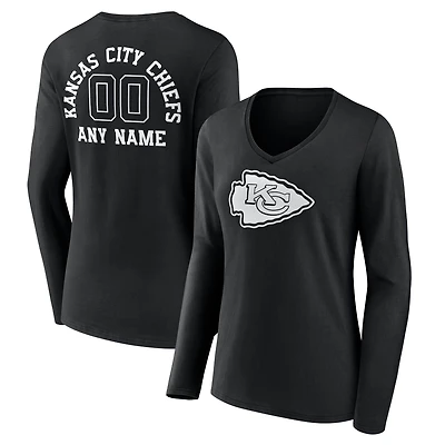 Women's Black Kansas City Chiefs Personalized Name & Number Monochrome Long Sleeve V-Neck T-Shirt