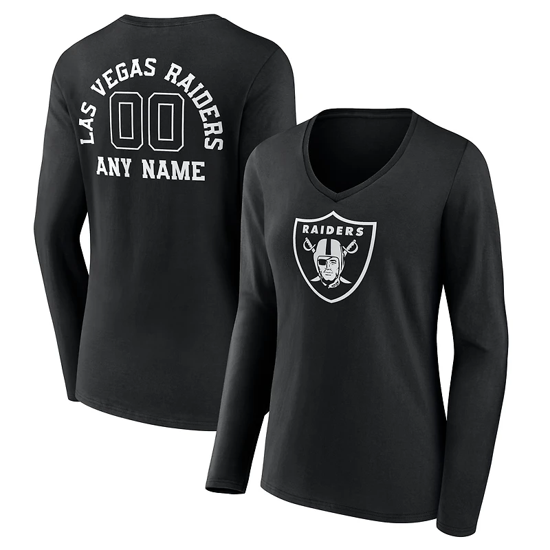 Women's Black Las Vegas Raiders Personalized Name & Number Monochrome Long Sleeve V-Neck T-Shirt