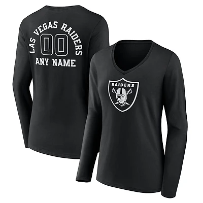 Women's Black Las Vegas Raiders Personalized Name & Number Monochrome Long Sleeve V-Neck T-Shirt