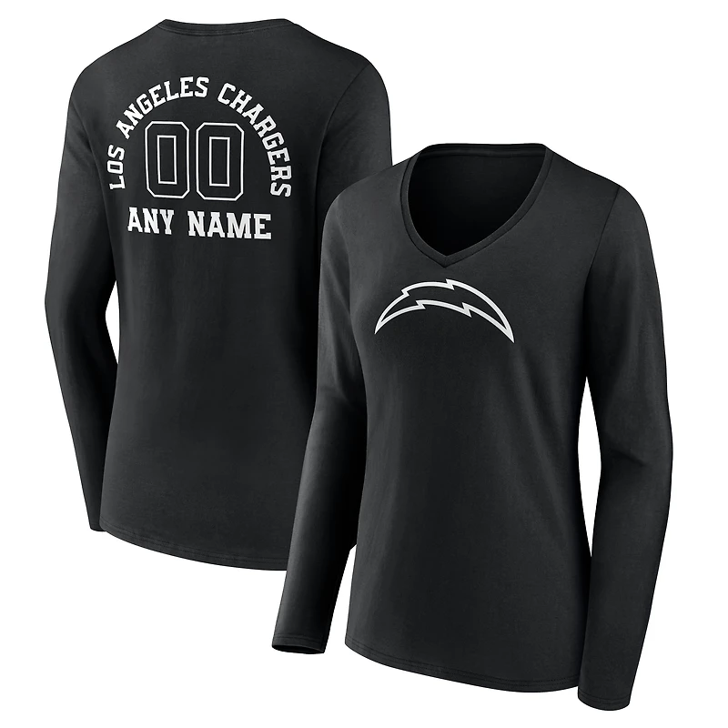 Women's Black Los Angeles Chargers Personalized Name & Number Monochrome Long Sleeve V-Neck T-Shirt