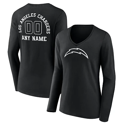 Women's Black Los Angeles Chargers Personalized Name & Number Monochrome Long Sleeve V-Neck T-Shirt