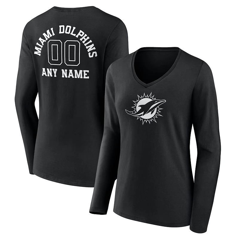Women's Black Miami Dolphins Personalized Name & Number Monochrome Long Sleeve V-Neck T-Shirt